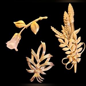 Lot 3 brooches nature and floral goldtone rose wheat harvest fall